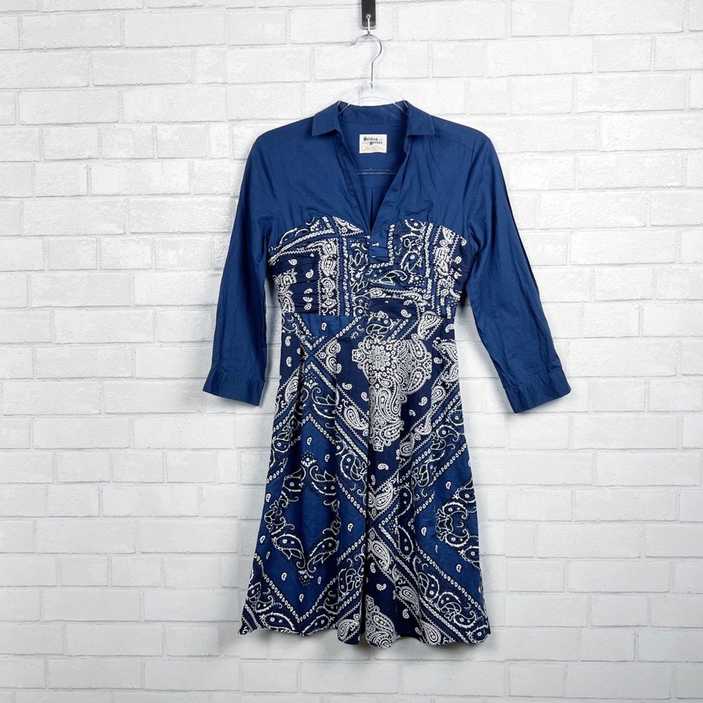 Holding Horses Blue Bandana Print Button Front Flare Western Shirt Dress Size 2